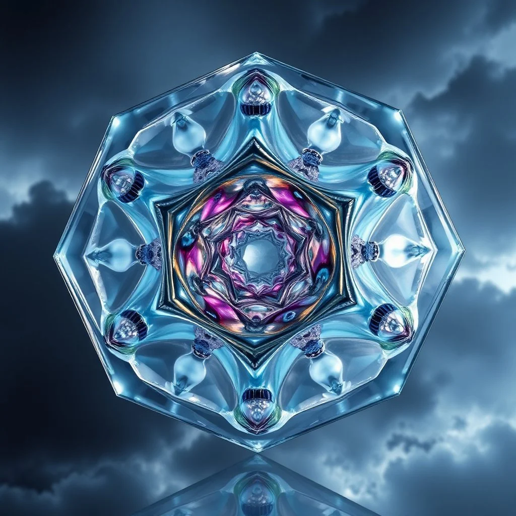 Dynamic hypnotic fractal 3D structures pentagonal Symmetry twisting and morphing between organic and geometric forms , smooth translucent iridescent glass with inner glow and bubbles, varied transparent materials, stormy skies, intense dramatic