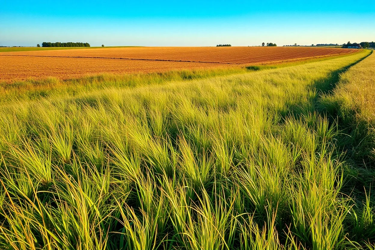 a short wild grass clearing next to an ideal farm field, sunny day, product photo setting, mid-level horizon, low drone photo