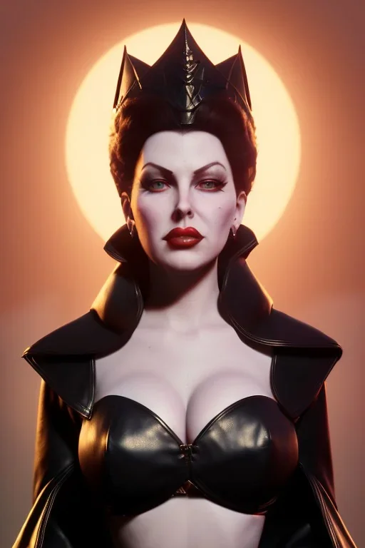 Lana Turner as evil queen in black leather, leather, busty, cleavage, angry, stern look. character design by cory loftis, fenghua zhong, ryohei hase, ismail inceoglu and ruan jia. unreal engine 5, artistic lighting, highly detailed, photorealistic, fantasy