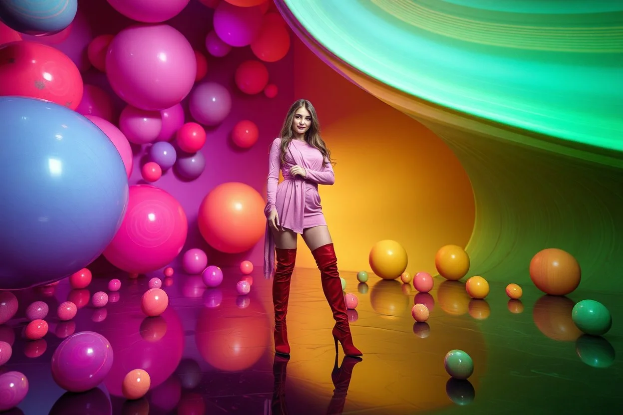 beautiful full body with long boots lady in surreal stage made of fractal random size spheres with helical strip colors in clothing similar to environment full body posing to camera