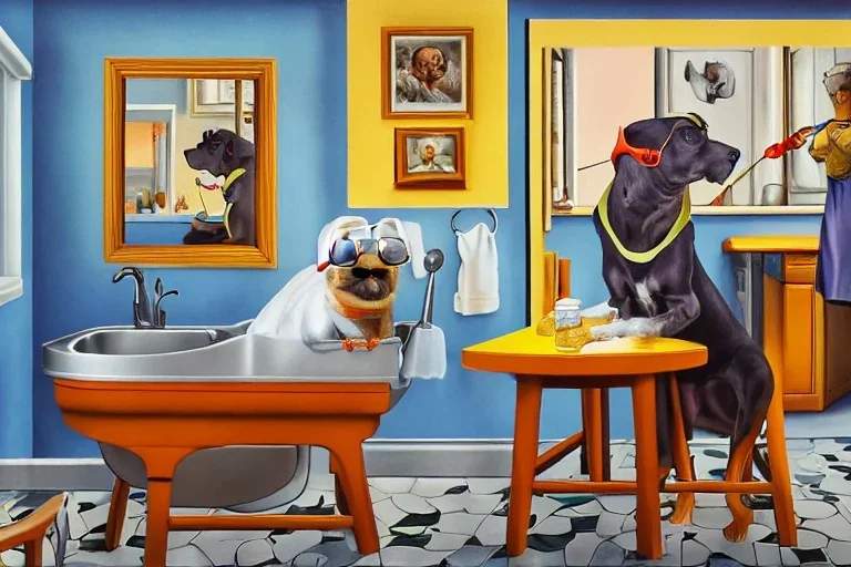 one Dog sat on a chair wearing a pair of glasses and reading the newspaper, another dog washing dishes in a sink in the background, surrealism, maximalism, dynamic lighting, dynamic movement, panorama, wide-angled lense, DSLR, intricately detailed