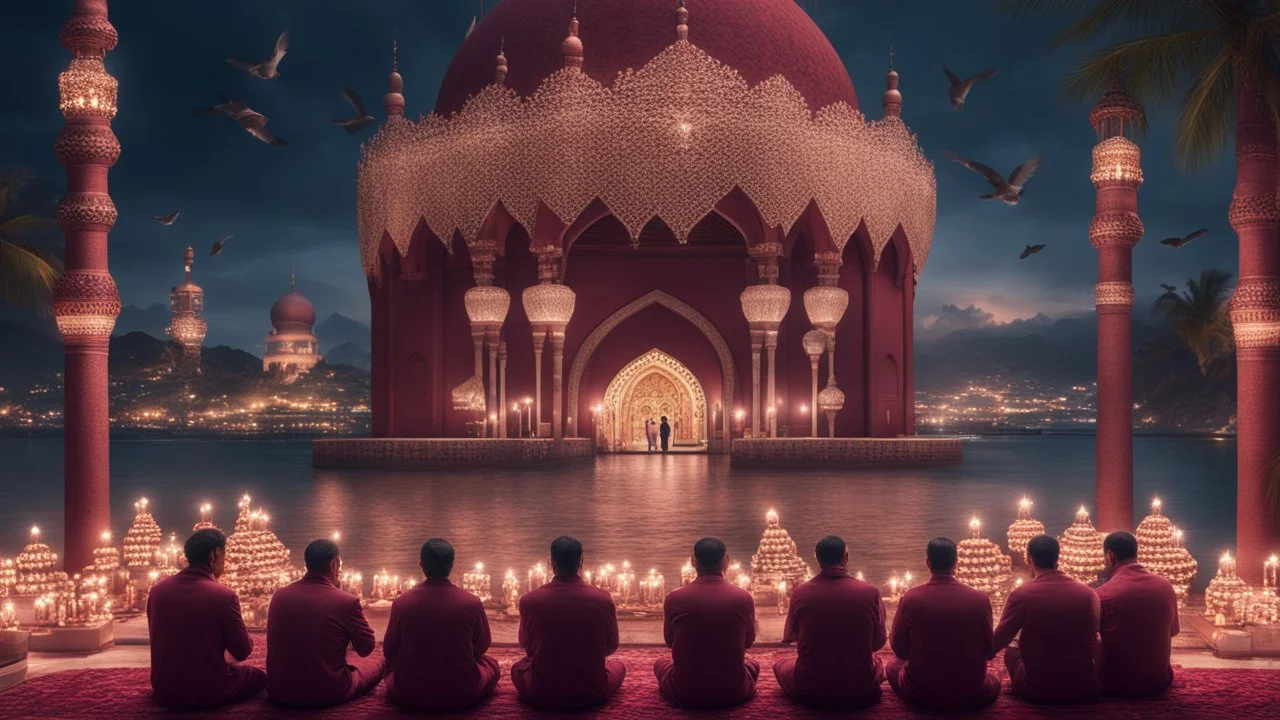 Hyper Realistic Photographic-View of few men praying outside a Huge-Beautifully-Crafted-Maroon-Mosque decorated with garland-lights & lamps between an island with ocean-water-waves & mountains around with Pigeons-Flying-at-night with dramatic-&-cinematic-ambiance