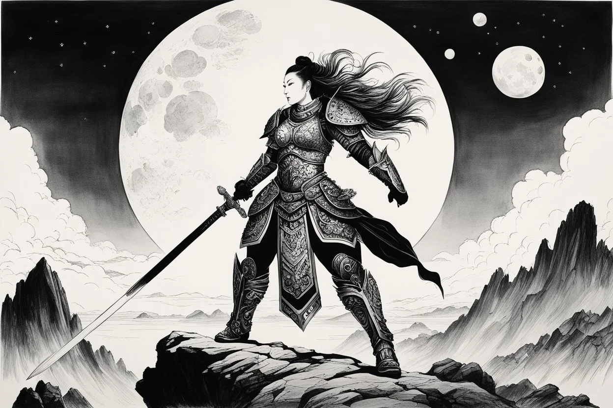 [An ink drawing on paper of Hotei] A muscular female warrior in ornate armor, wielding a sword, stands on a rocky cliff overlooking a vast, alien landscape with two moons in the sky. A fierce tarn flies overhead