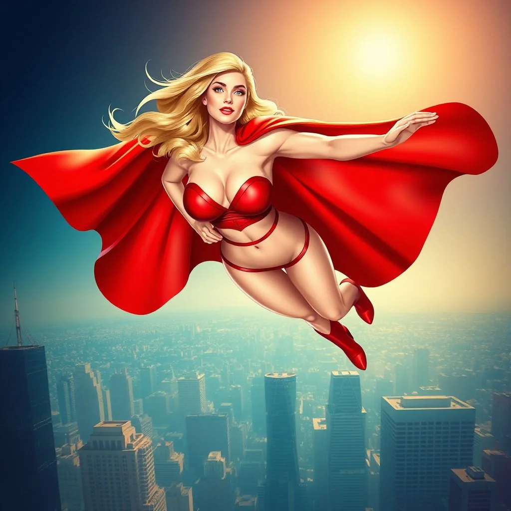 super pretty woman, blonde long haired, big bubs, good body, dressed with a mini red siut super hero, cape, flying over the city