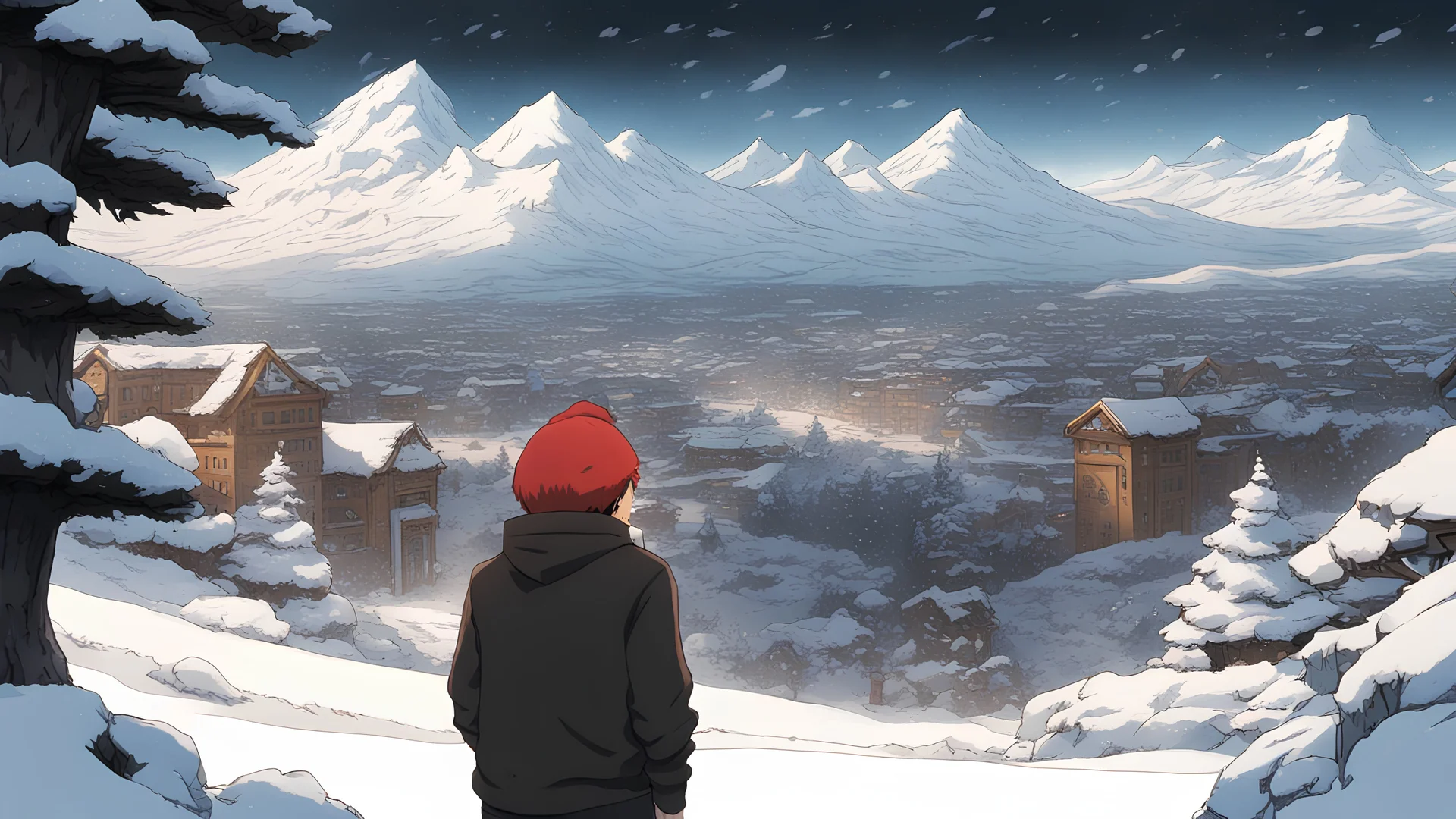 anime man with brown hair in a black hoodie with a santa hat looking at a snowy land drawn by akira toriyama