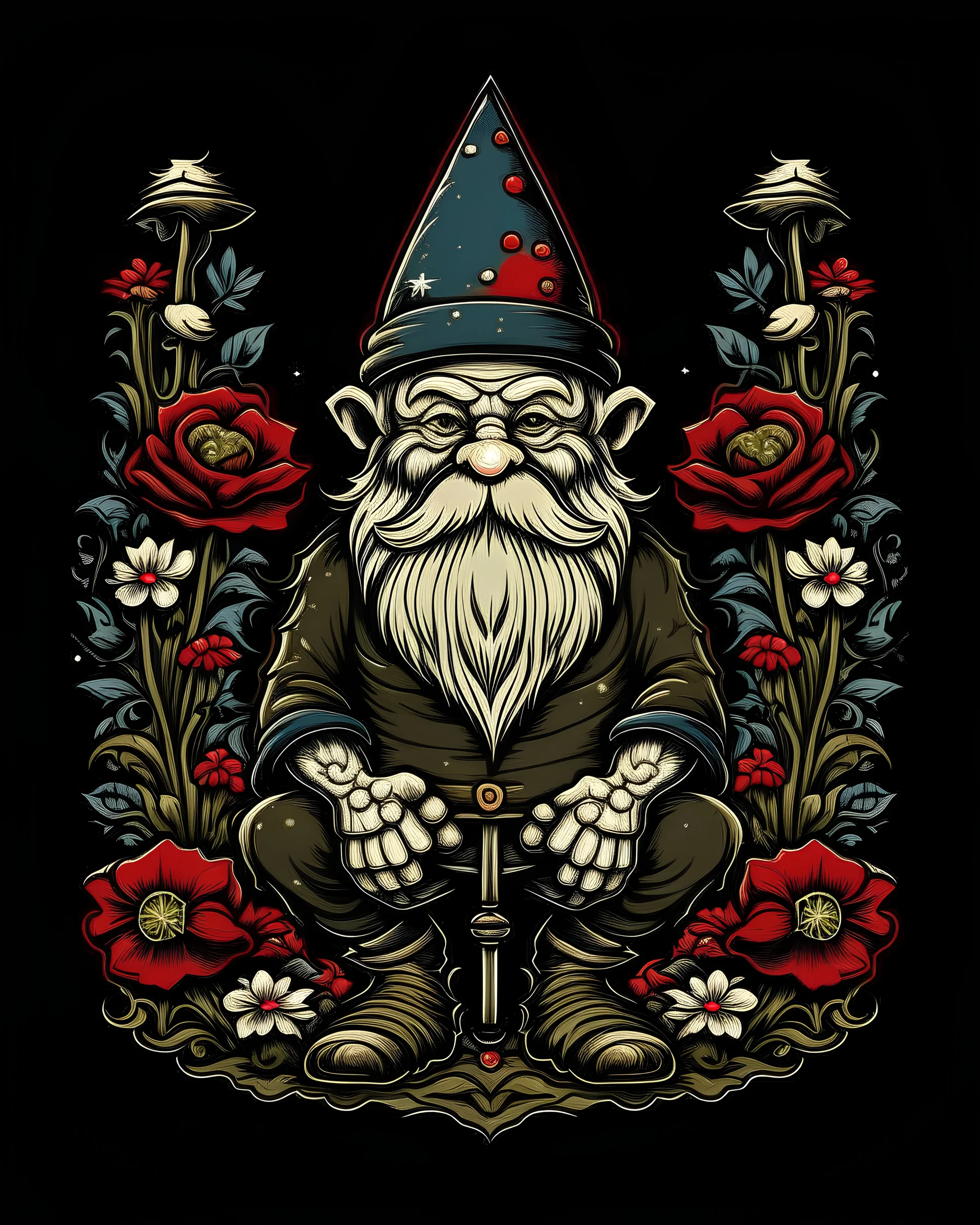 garden gnome in shephard fairey style graphic,wearing decorative flower clothing, sharp detailed graphic, holding a pitchfork, black background