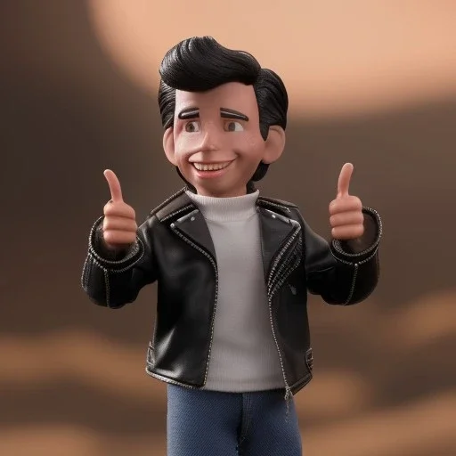 wide view young Fonz with black hair greaser figure doll 1982 (thumbs-up) (face) Forehead grin, fonzarelli, ((arnold's drive-in)) fonziE fonz