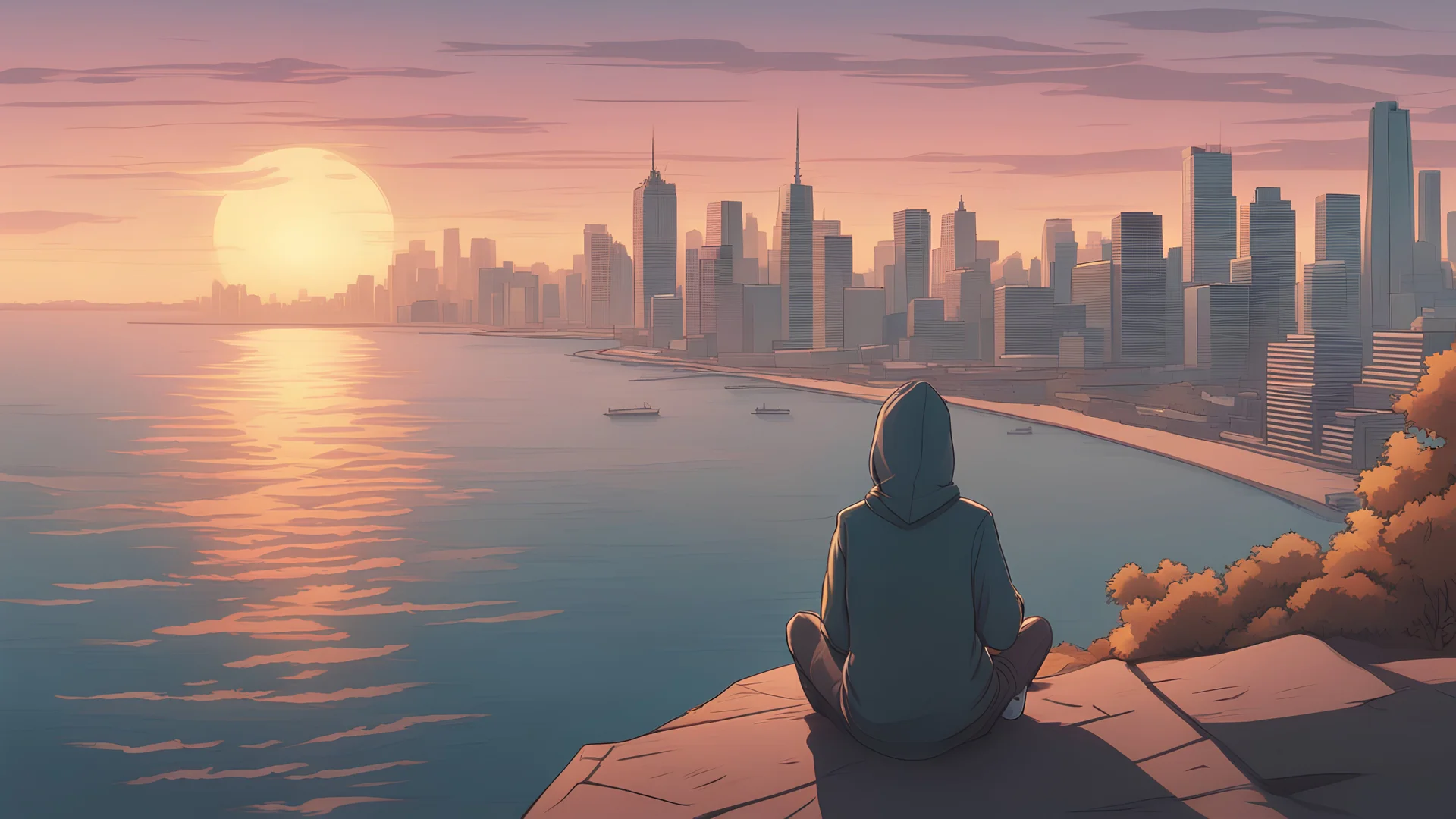 A guy in a hoodie sitting and smocking on a sea cliff in the left corner in front of a city with sydney-like skyscrapers, in a sunrise. view from behind. Arcane french animation style