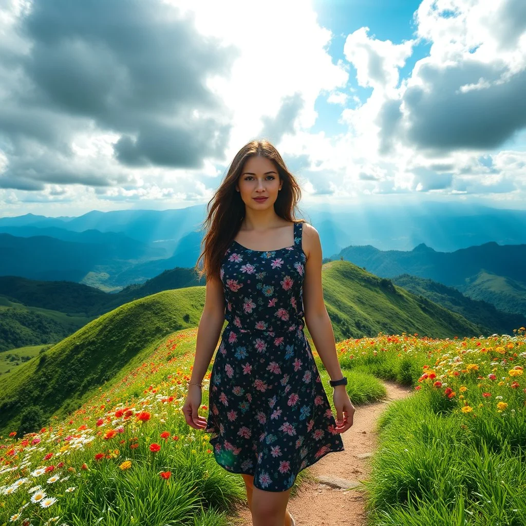 beautiful Green hills covered with flowers colorfull ,blue sky heavy clouds with godray ,very nice flowers at closeup ,wonderfull mountains at distance,beautiful lady look at camera ,walking to wards camera