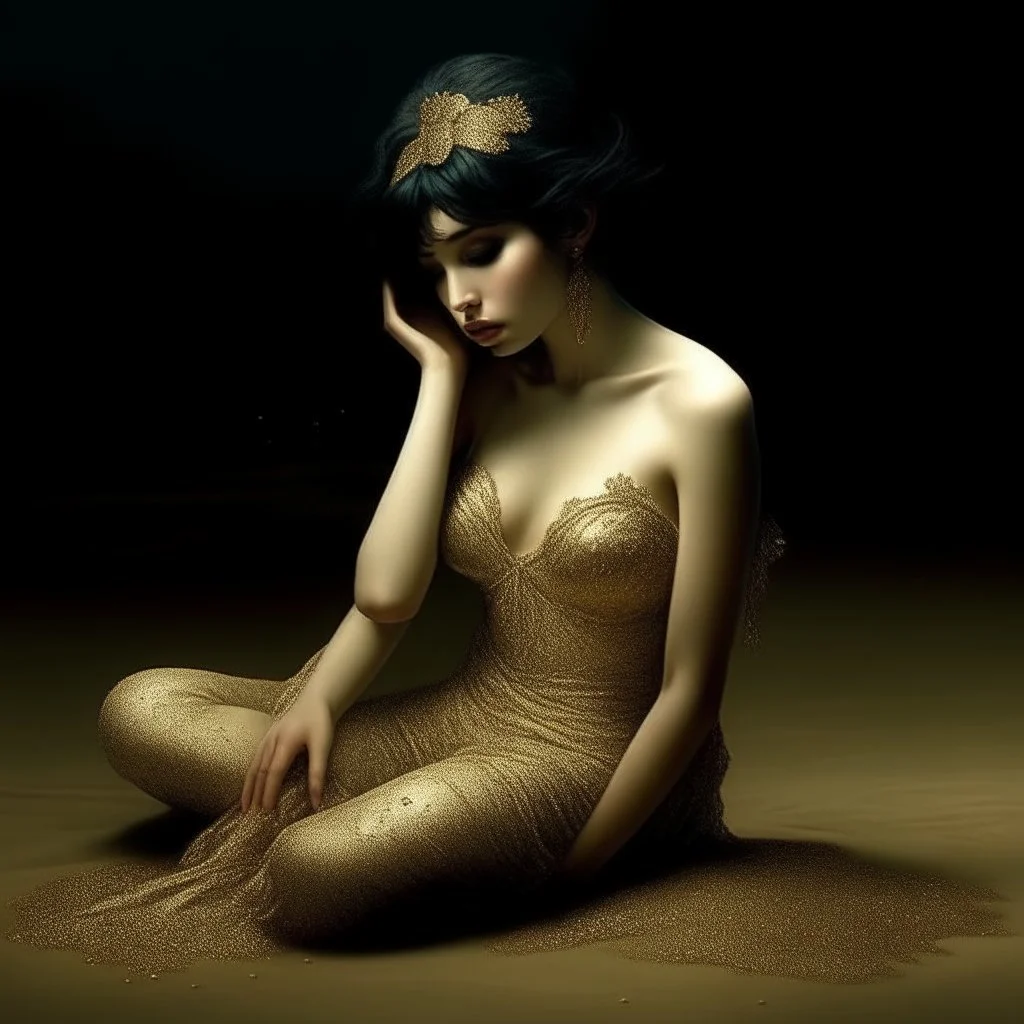 (Masterpiece1:5) By(Jan Saudek:Natalie Shau:1.5) (highest quality) (ultradetailed:1.5),bright Foreground with (gold sparkles floating Intricately through the painting:1.5),attractive and content black haired woman 😇, the beach with snoot lighting is the defining light source,gold dress melting into the sand 😅),dreamlike, (surreal:0.5) beach with soft sand, High contrasts, vibrant colors, flawless Composition,Soft Lighting Create Depth Of Field. accentuates the beauty of the