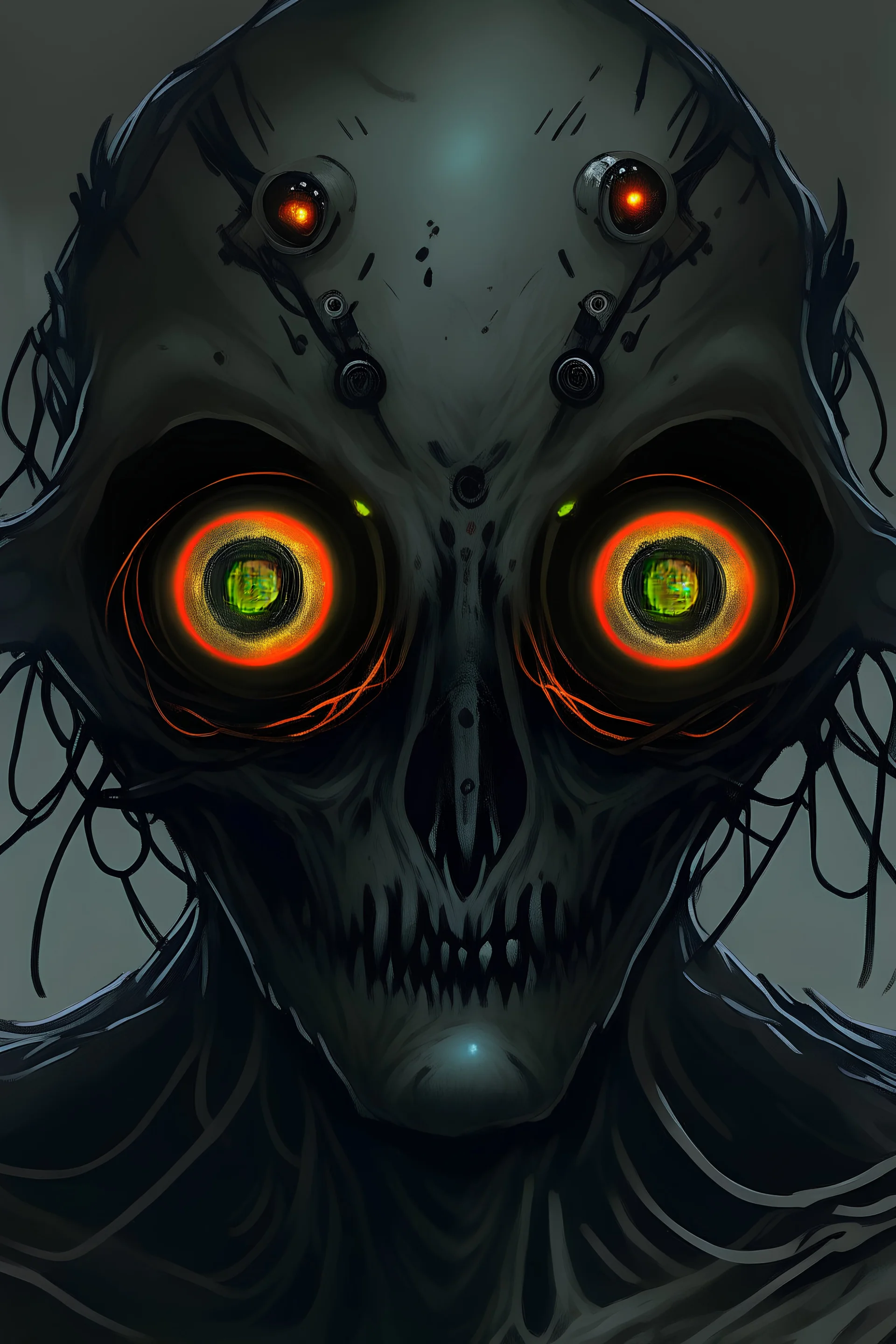 feral humanoid with ghastly gray skin and three eyes, one covered with a cataract