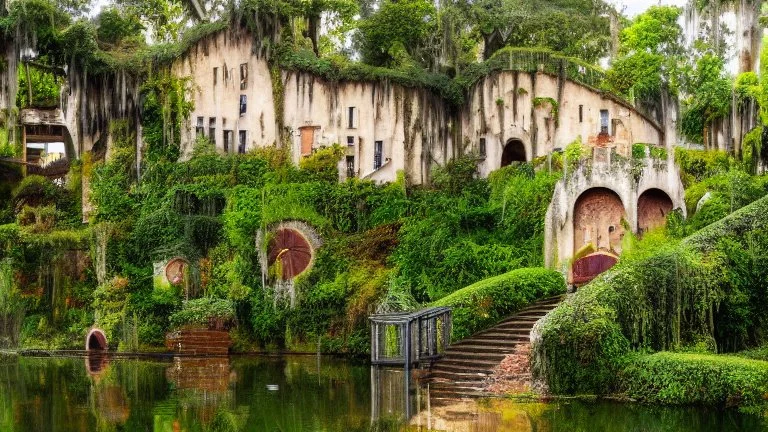 Gigantic mushroom village with balconies, archways, stairs, bridges, bushes, spanish moss, ivy, lake, a winding pathway through the middle