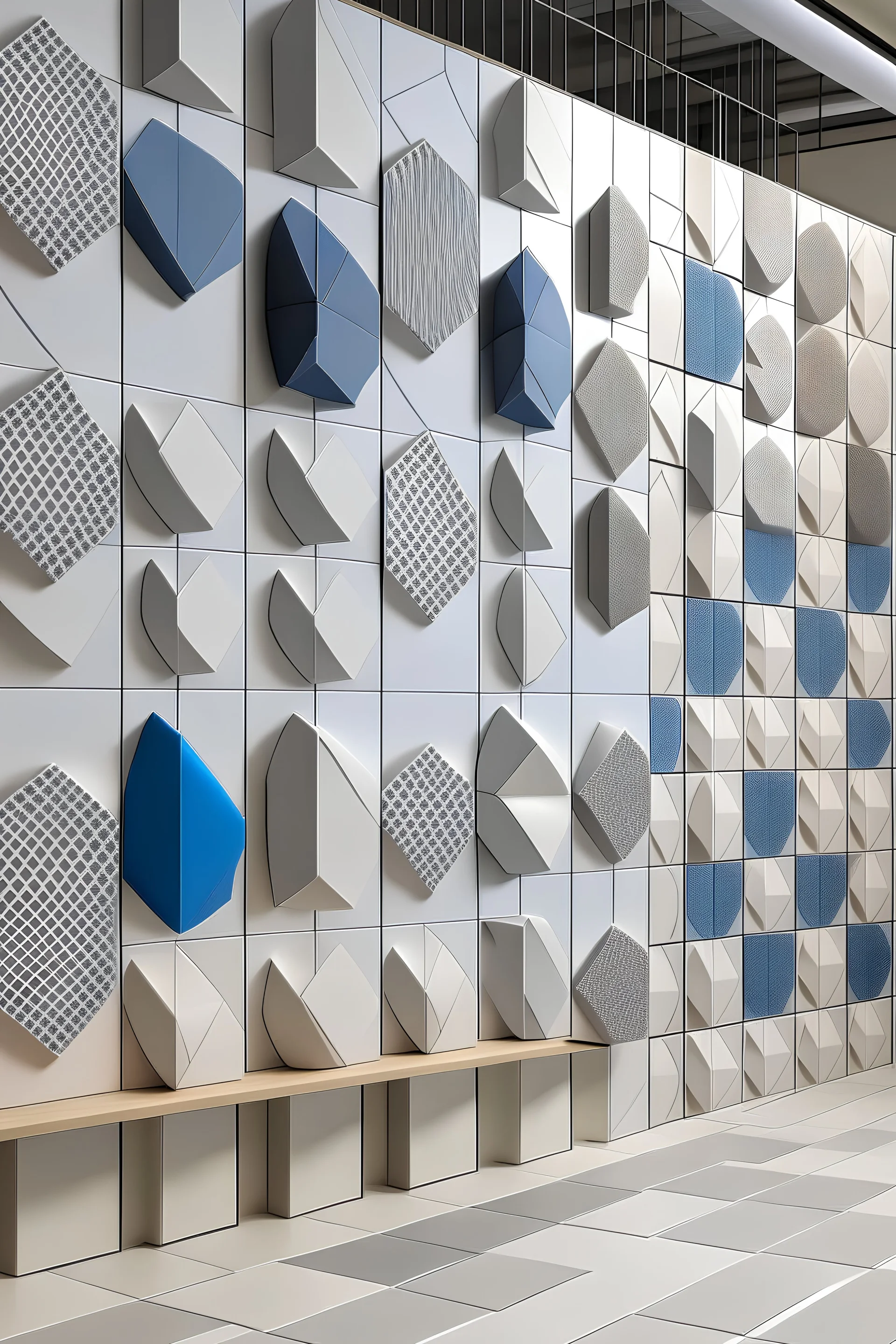 Geometric cubicle-inspired wall divider with a mix of porcelain.