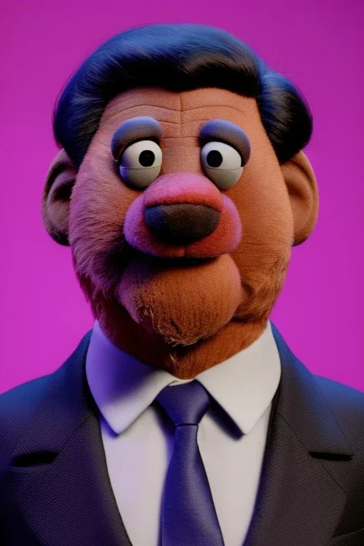 Waist up muppet Portrait, Xi Jinping as muppet doll, black suit and red tie, photo studio, blue background, unreal engine 5, concept art, art station, god lights, ray tracing, RTX, lumen lighting, ultra detail, volumetric lighting, 3d.