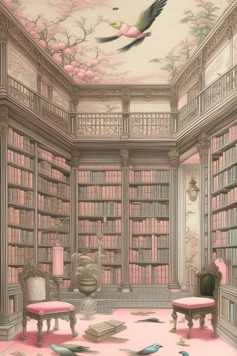 A light pink library with mystical books painted by Utagawa Hiroshige