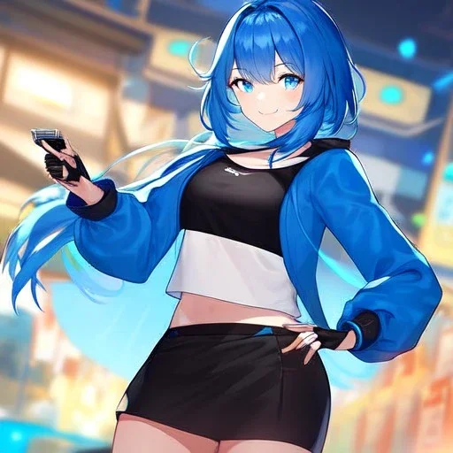 Clear focus,High resolution, Vibrant short blue hair, Vibrant blue eyes, Wearing a black short skirt,black crop top sleevelss,blue cut sleeves,black fingerless gloves, Smiling,Long bangs, Smiling, Holding a pistol