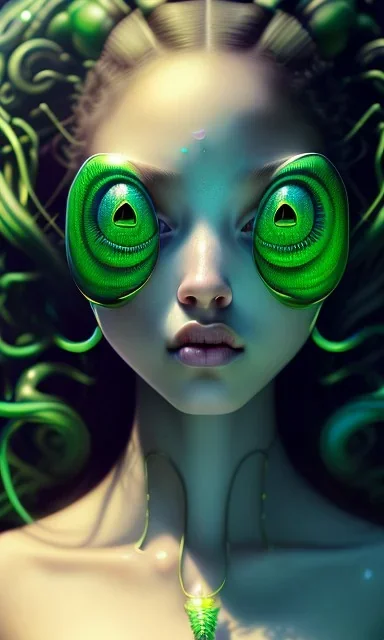 young girl, cute, beautiful, long curly hair, black hair, green alien skin, big flat nose, black eyes, big eyes, turquoise dress, head and shoulders portrait, 8k resolution concept art portrait by Greg Rutkowski, Artgerm, WLOP, Alphonse Mucha dynamic lighting hyperdetailed intricately detailed, avatar pandora