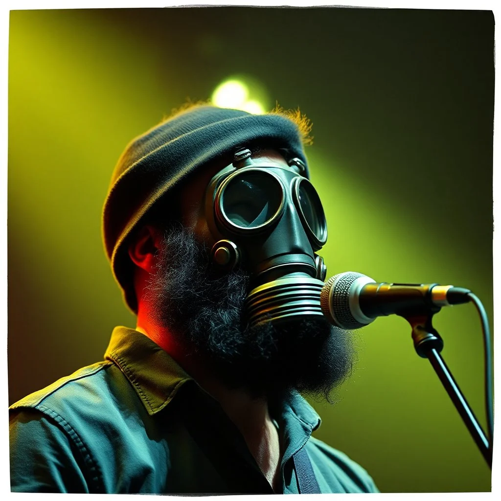 en skäggig man som försöker sjunga med en gasmask på en scen, gasmasker, dom kallar honom för babyface för att ser så barnslig ut