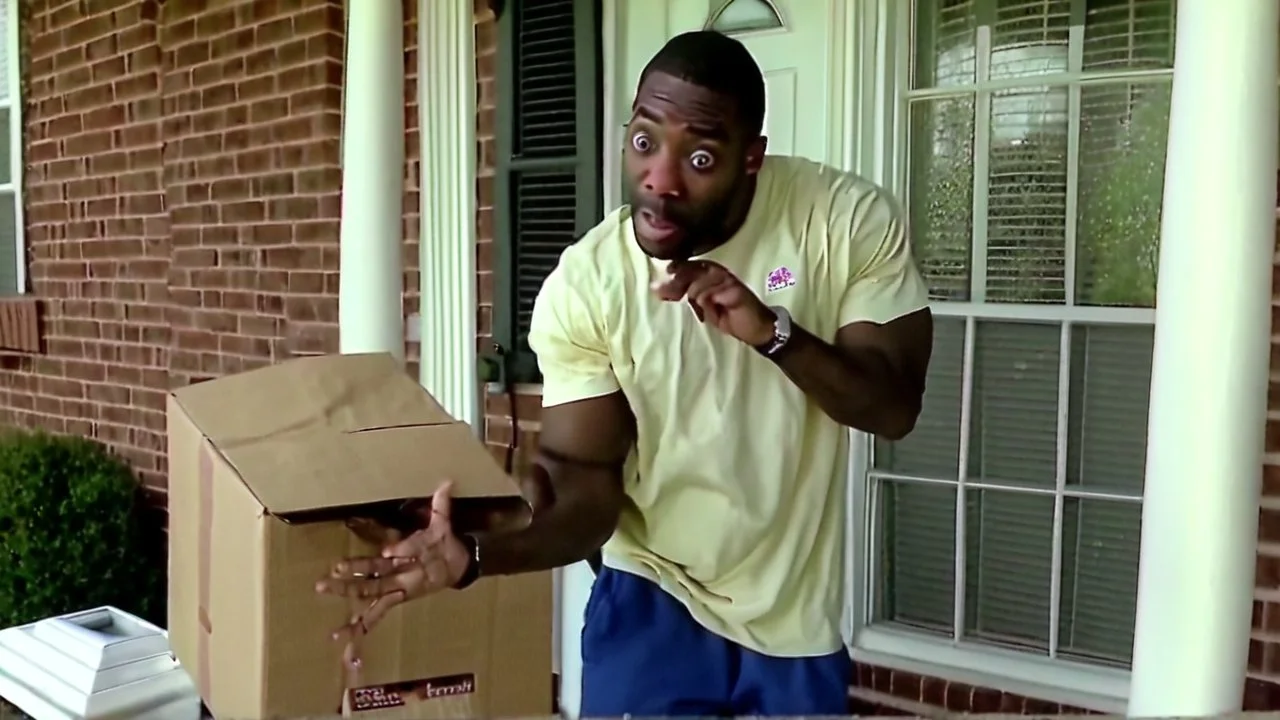 Tyrone suspiciously takes small package from porch