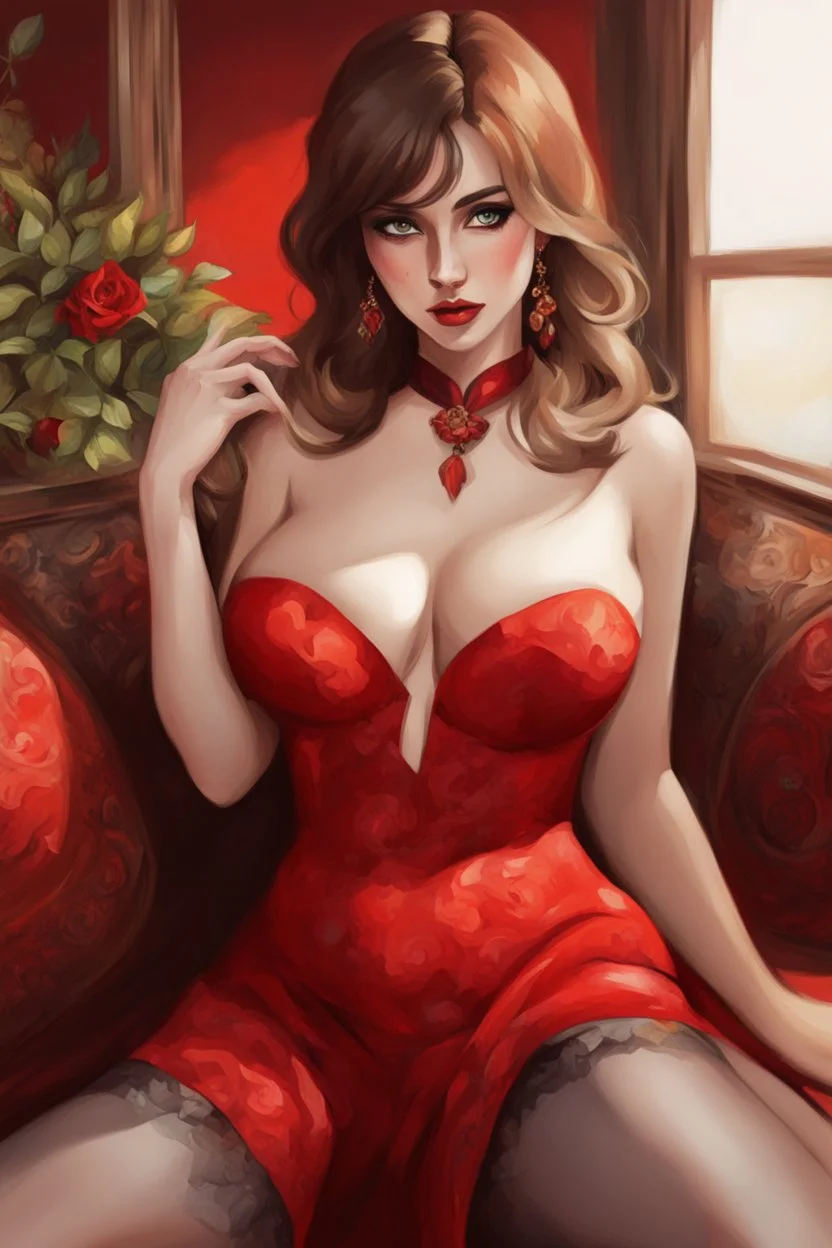 A stunning, seductive woman in a fiery red dress, casting a shy glance over her shoulder. cartoon style, cubism style