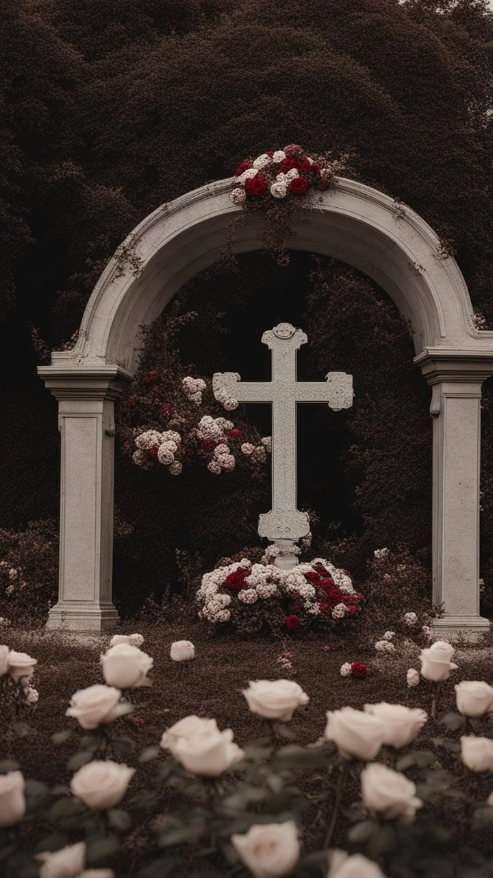 A grave in a field full of roses. Above the grave is a white lace scarf and a gun.cinematic