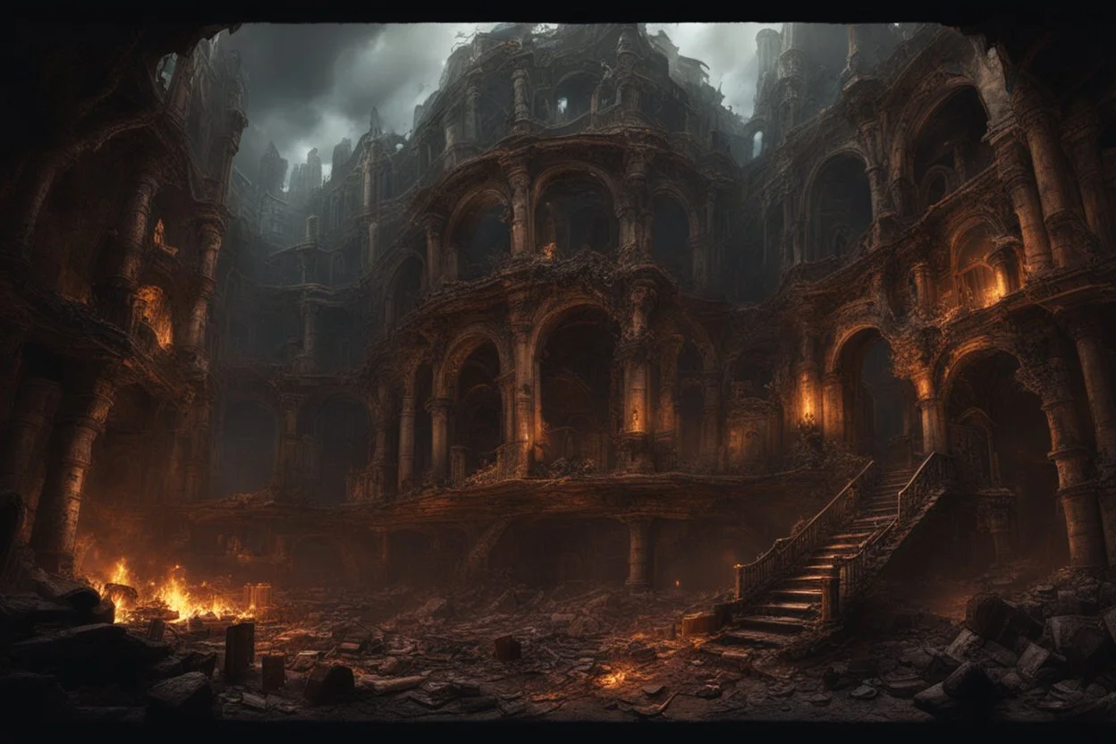 old, ruined city in the a fish bowl, ashes, destruction, dark fantasy concept art, dramatic, surreal, dynamic lighting, hyperdetailed, intricately detailed, deep colors, masterpiece, Unreal Engine