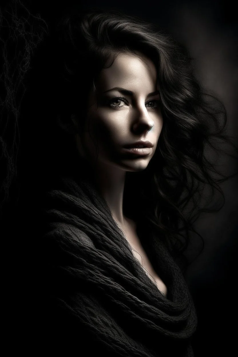 a beautiful woman, in the style of texture-rich layers, dark black and light black, the pictures generation, natural lighting, textural layers, celebrity image mashups, wavy --ar 9:16 --stylize 750 --v6