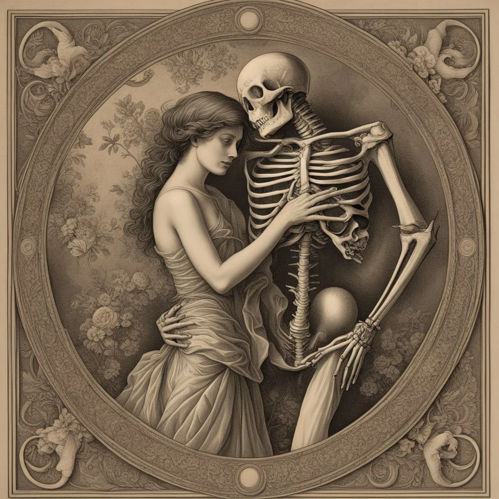 Memento mori with a tired looking 3/4 length skeleton standing behind and embracing in a dance like swirl a fainting young maiden, dynamic posture, swirl like macabre, couple is surrounded by botanical flower motifs, looks like a deep metal engraving, muted imperial colors