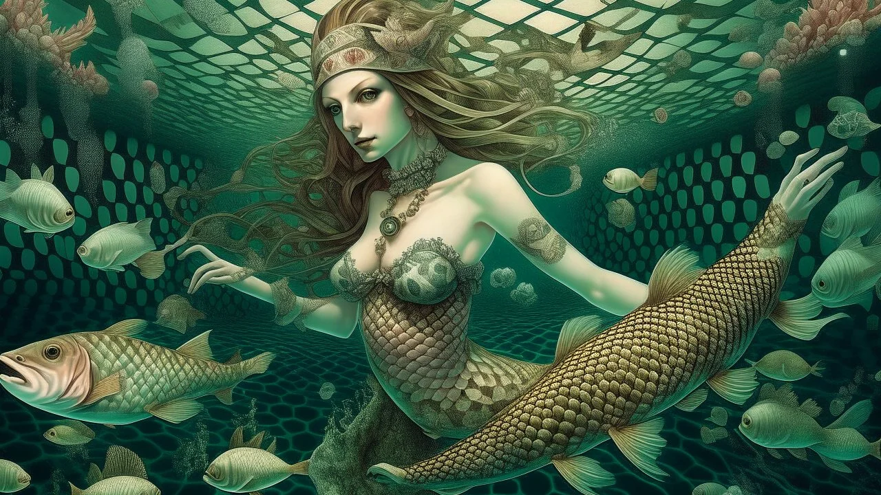 A surreal underwater scene with a mermaid-like figure swimming amidst a checkered pattern background, with a fish and other aquatic, ray-traced effects, ultrarealistic, insanely detailed and intricate, hypermaximalist, elegant, ornate, hyper realistic, super detailed, by sam