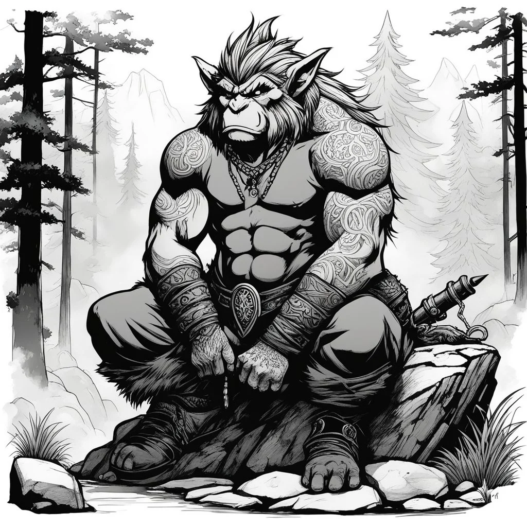a tattooed gangsta troll sits on a rock, waiting in the forest. Record of Lodoss War style, Linework: Expressive, expressive black ink line art with variable stroke weights. Crisp contours define silhouettes while fine hatching adds subtle depth and form.
