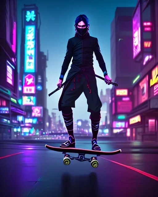 photo of a ninja riding a skateboard; in an alternate universe in tokyo; cyberpunk; realistic; rain; neon signs