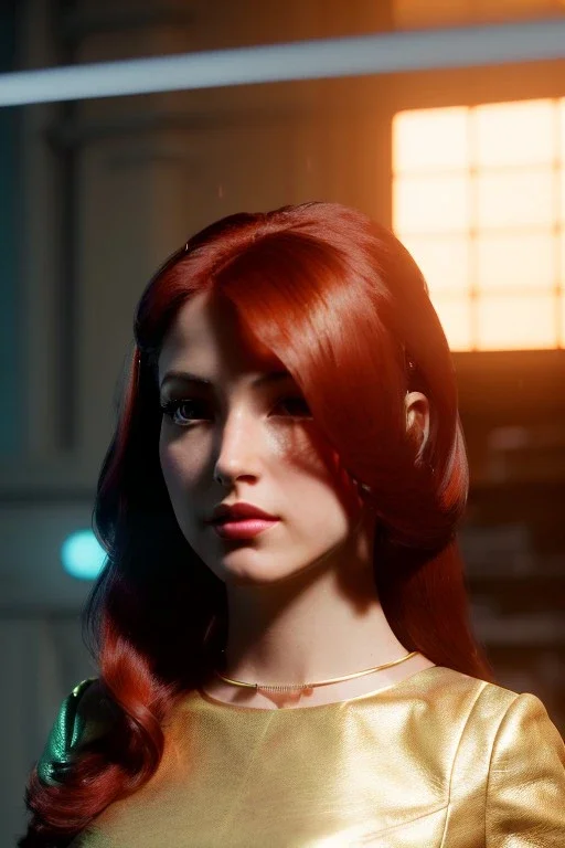 Young business woman, sci-fi, auburn hair, orange eyes, gold jewelry, elegant hair, retro neon style, a lot of led lights, fog, rain, leather, vibrant color, highly detailed, art stations, concept art, smooth, unreal engine 5, god rays, ray tracing, RTX, lumen lighting, ultra detail, volumetric lighting, 3d, finely drawn, high definition, high resolution.