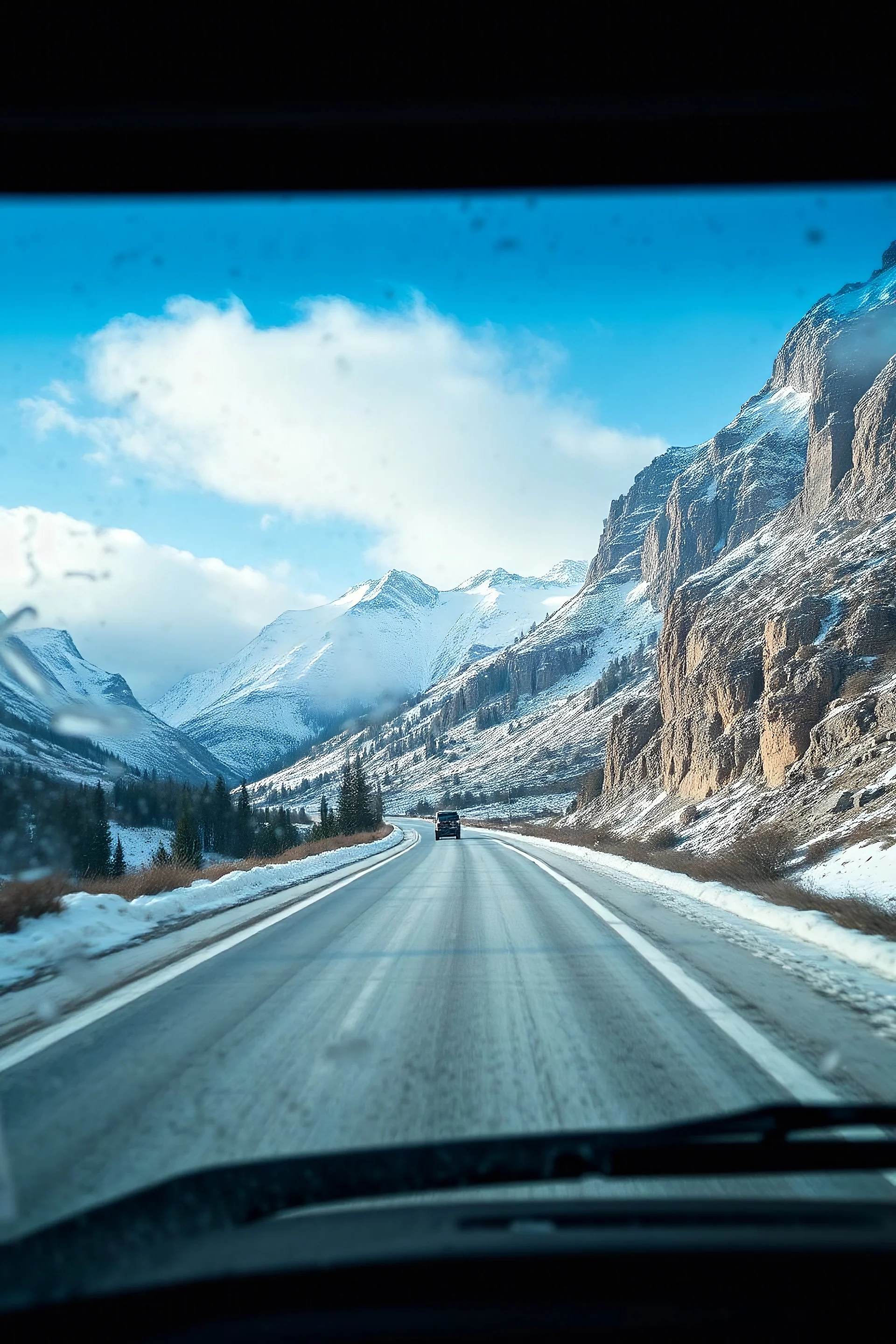 surreal mountain road seen through a dirty truck front window, dirty blue snow and wind