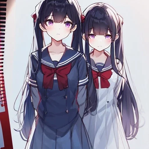 Clear focus, High resolution, rough line sketch, black long hair twintails behind back, purple eyes, wearing a sailor uniform with a red bow, fluffy bangs