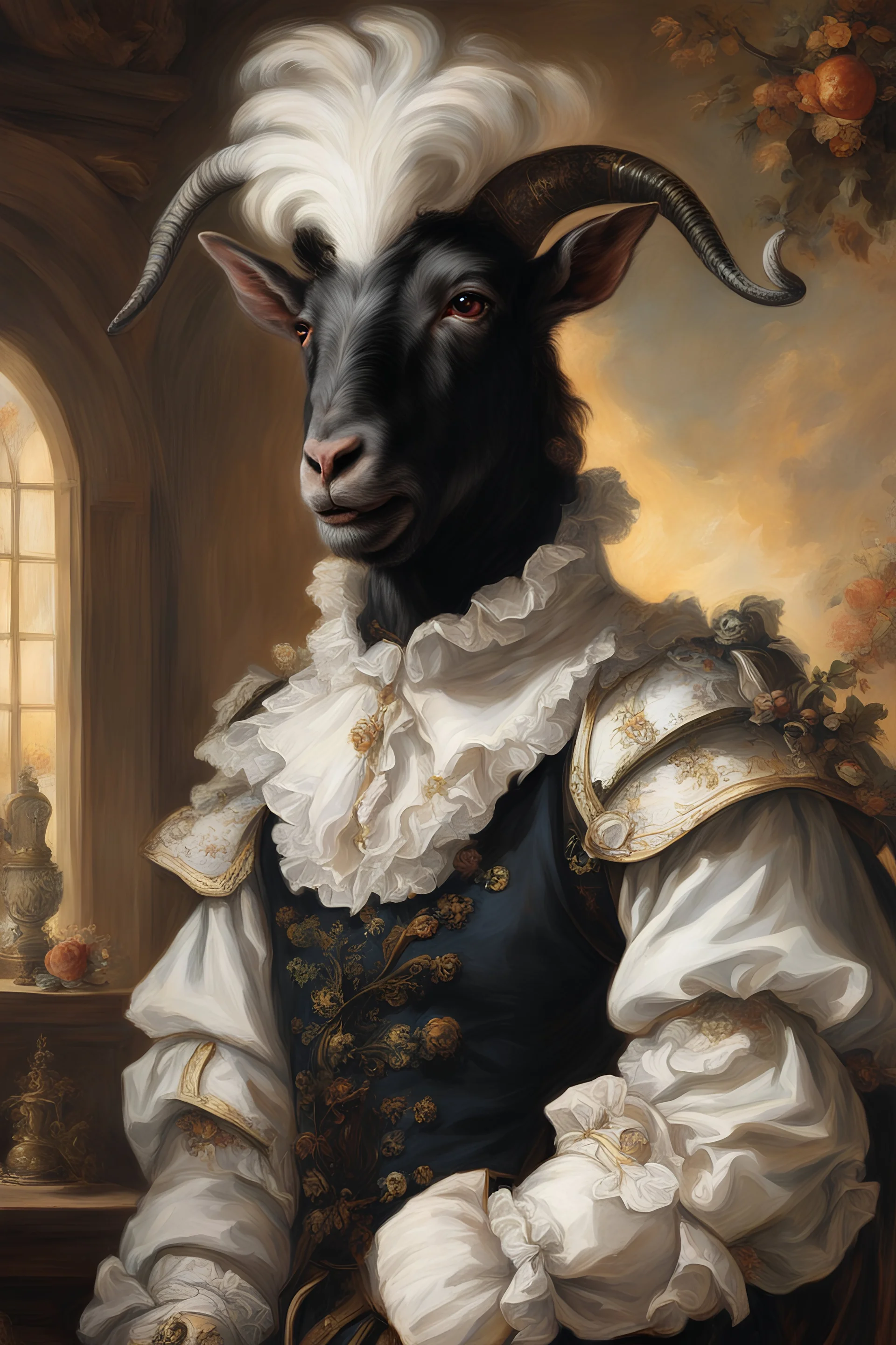 A grand painting portrait of a Black Goat with a mug of beer, wearing a white wig in the style of the 18th century, adorned in a white jabot and iron knightly armor, painted by Rubens in a Baroque style, hangs on the wall. The warm glow from the fireplace blends with the bright sunlight pouring in through the windows, creating a captivating atmosphere. The portrait is framed in opulent gilded elegance, capturing the regality and whimsy of the Black Goat in this unique masterpiece.