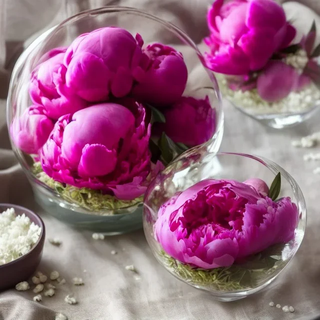 Cinematic shot of peonies inside a glass bowl, glass, crystal, linen, dewdrops, warm lighting, luxurious, terrarium