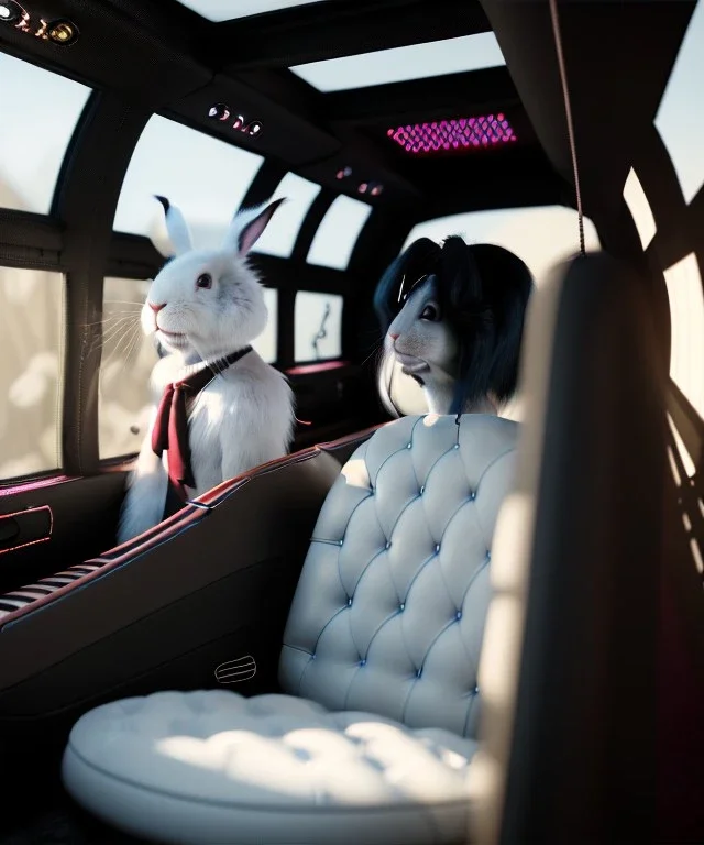 Ultra realistic back seat of limousine image, wide angle view, Alice woman and white rabbit man, many color balls, circus clothing, long hair, smoke, feather long coat, soft color, highly detailed, unreal engine 5, ray tracing, RTX, lumen lighting, ultra detail, volumetric lighting, 3d, finely drawn, high definition, high resolution.