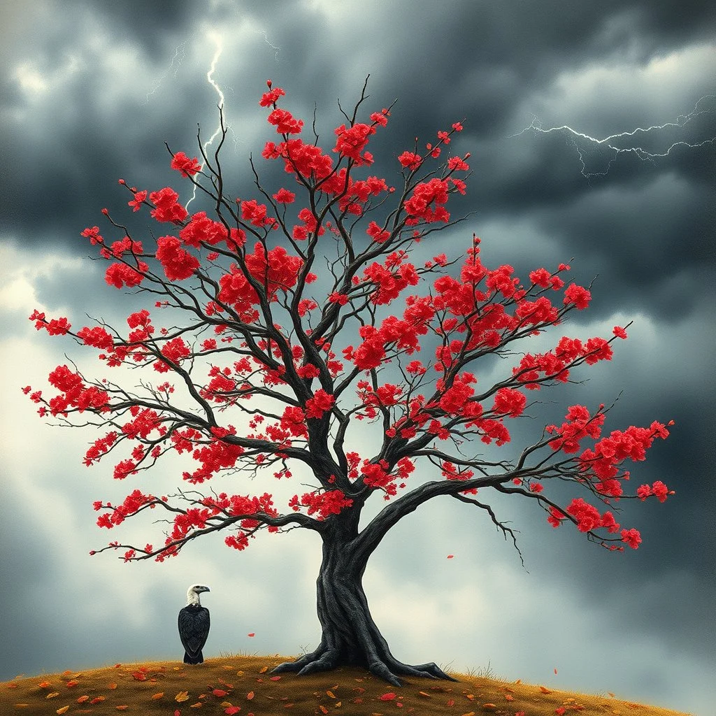 create a wide watercolor painting of a bare, ancient tree with vivid red blossoms under a stormy autumn sky, lightning illuminating grey clouds, icy-necked black-and-white vulture watching silently, amber leaves scattered, fading background, emotional depth, apocalyptic and contemplative tone --v 7 --ar 16:9