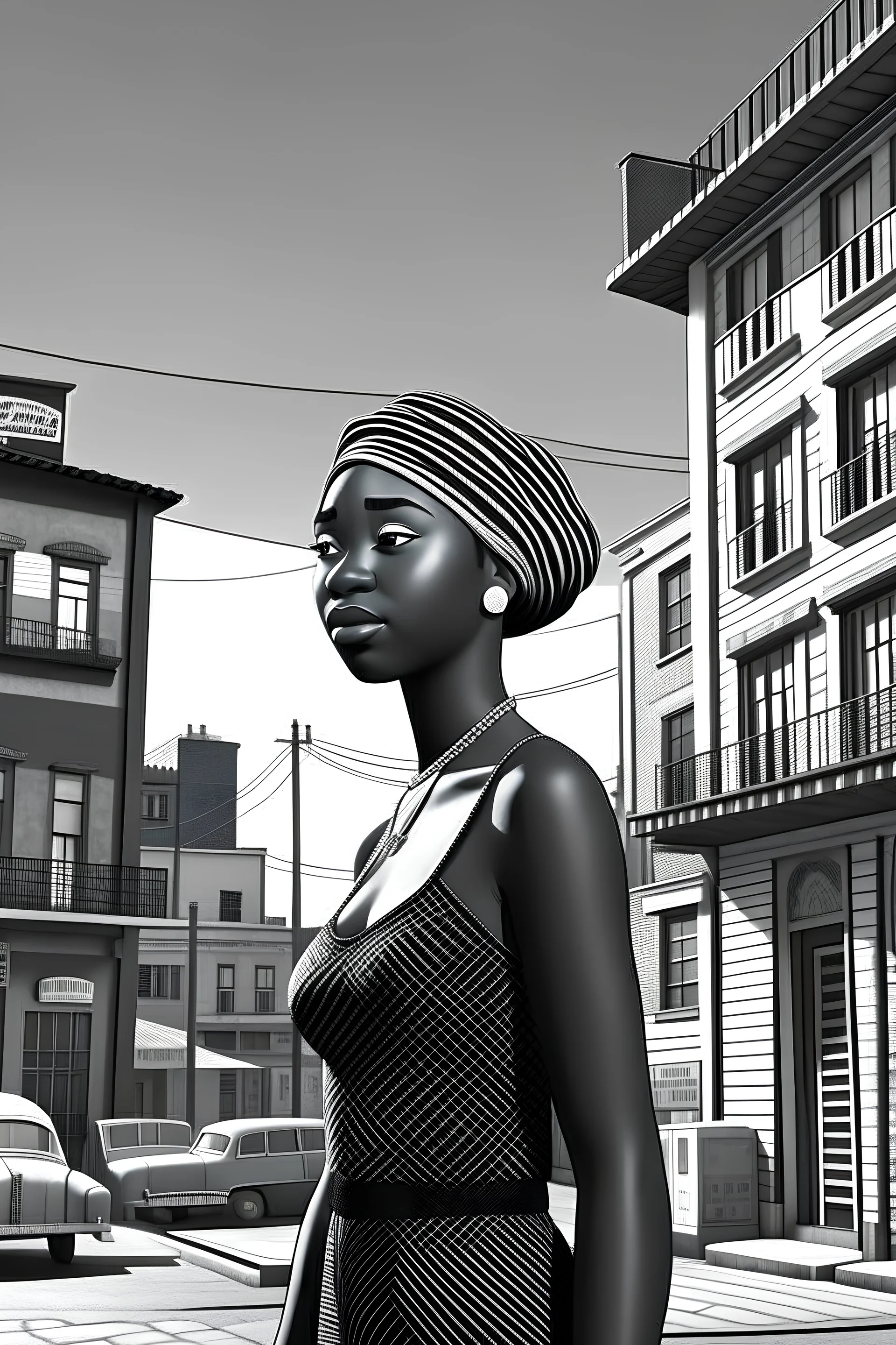 african city, noir character, black and white, 4k, realistic, 1930s style