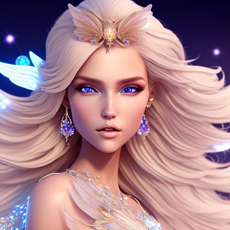 beautiful blonde fairy in a galactic ambiance, detailed gorgeous face, transparent wings, delicate colors, finely tuned detail, ultra high definition, 8 k, unreal engine 5, ultra sharp focus