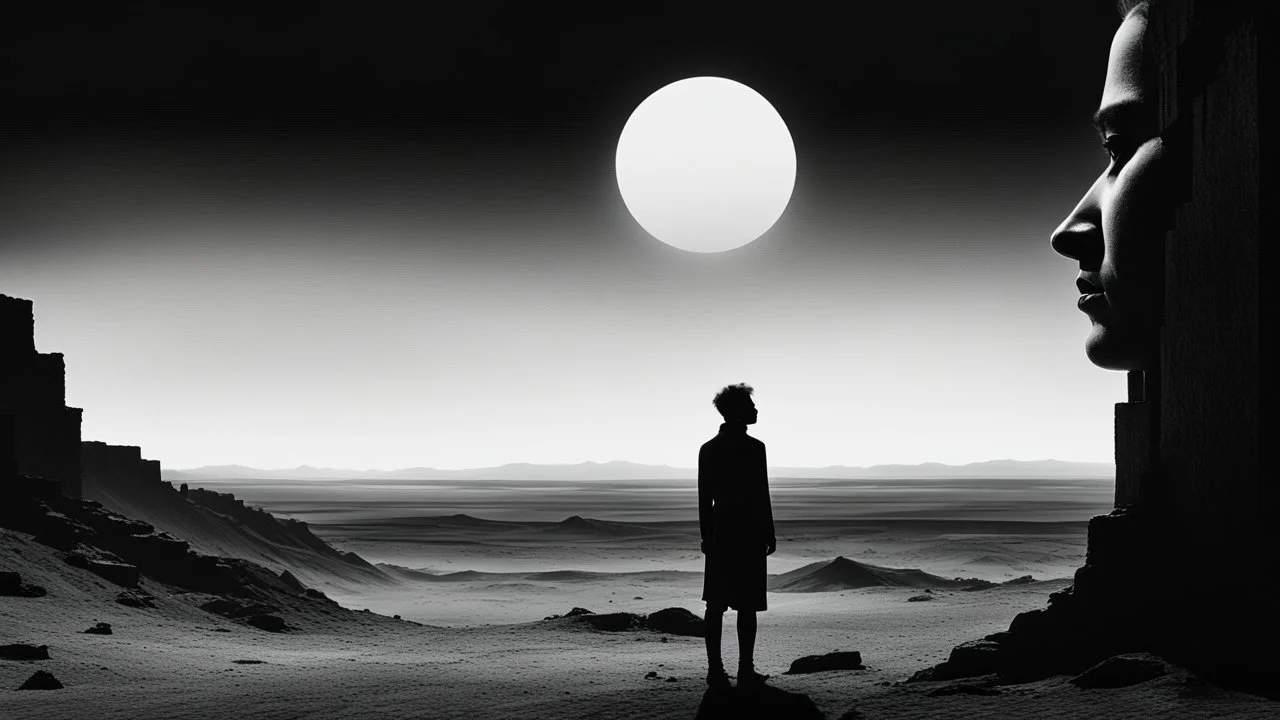 black and white portrait, a human face in profile, gaze into nothingness, three red engraved stripes on the face, background behind it a surreal, barren landscape, ruins, and a black sun. dark, thriller, gloomy vibe, utopian, dramatic