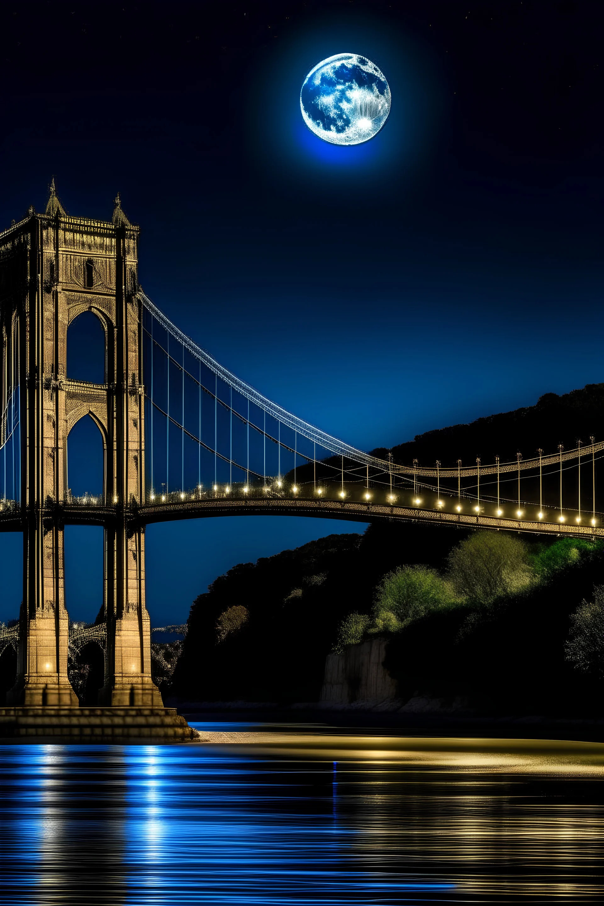 Luna llena sobre el puente colgante de ciudad de Santa Fe Argentina