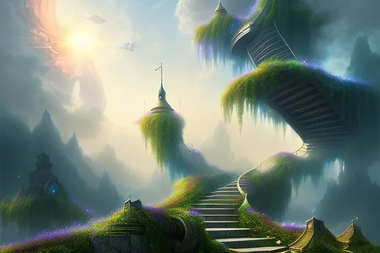 mythical mystical long stairway up to heaven in the sky, atmospheric mist, beautiful colours, fine art, trending on artstation, masterpiece