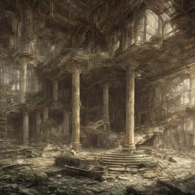 an sad, abandoned, miserable in big mystic ruins, wide, intricate detailed, realist, 8k, m