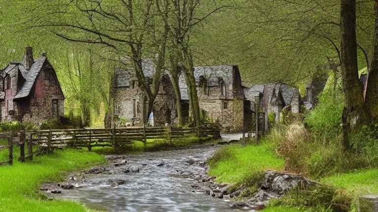 gothic village in woodland with a pathway and river