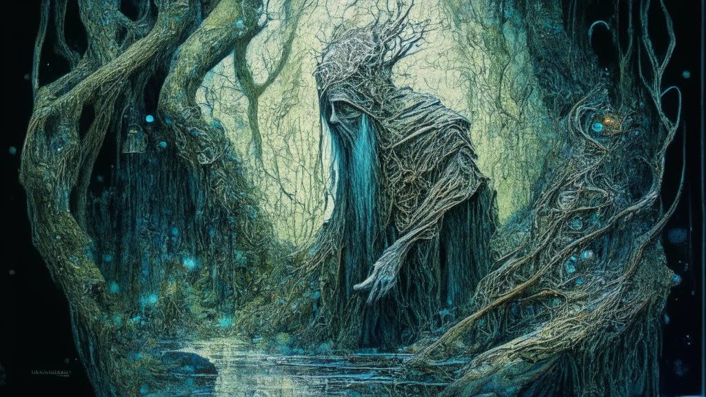 “The Hermit of a Chasm of the Forest” done delicately on rice paper; neo-surrealism dystopian eldritch elegant fantastical intricate hyperdetailed holographic magnificent meticulous mysterious ominous