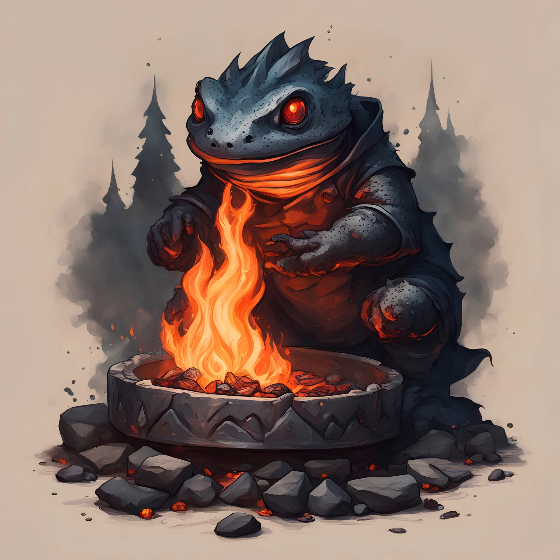 Alinor Brazier with burning coals a fire salamander peaks out, in symbolism art style