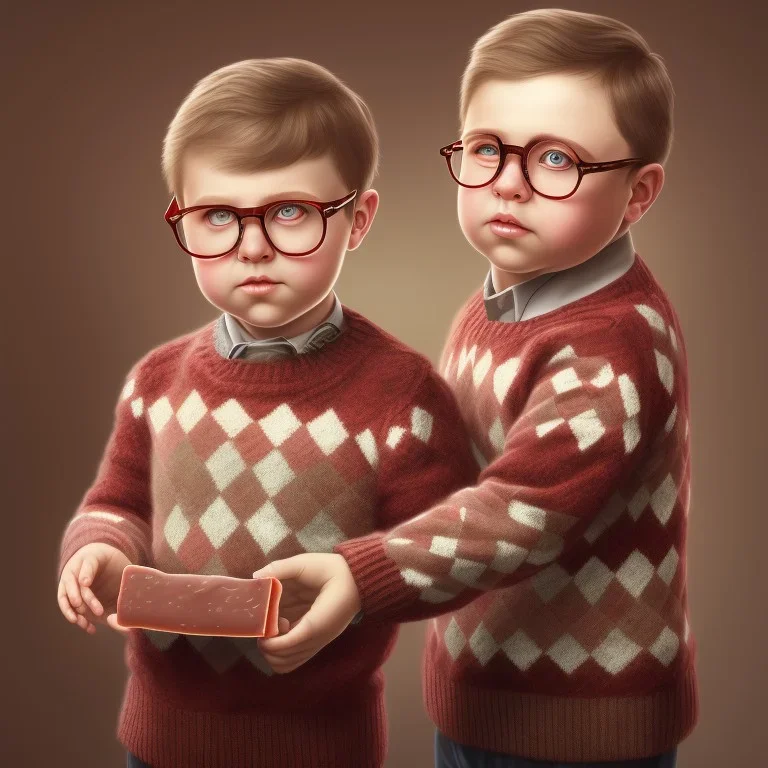 solo peter billingsley chubby kid with glasses, gripping a single Dark red soap bar, ((brown))argyle sweater