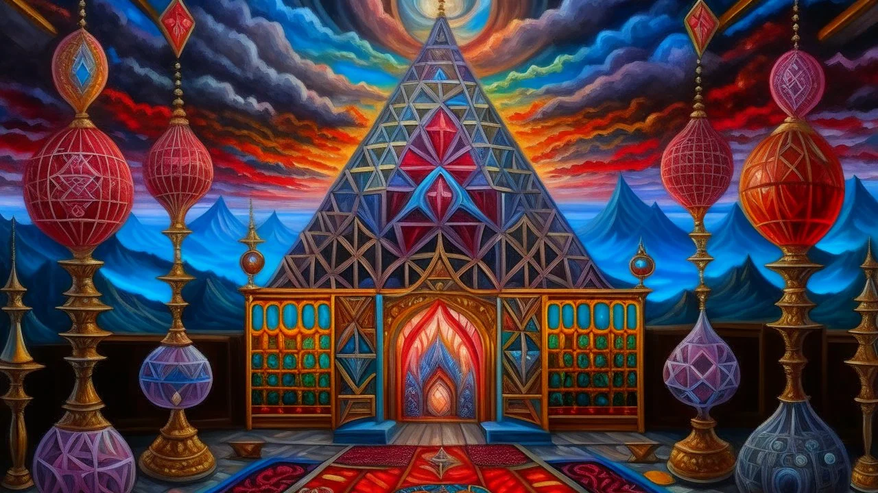 oil painting, majestic, festive, divine, fantasy world, corpuscular, restrained, geometric, beautiful composition, exquisite detail