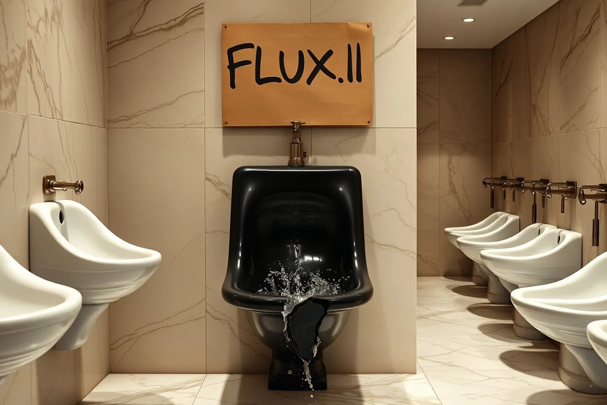 line of fine white porcelain urinals in a nice restaurant men's room with marble floors and walls but one of the urinals is black with a giant crack and is spraying brackish water on floor from a busted pipe, above the broken urinal is a cardboard sign with written text "FLUX1.1", concept art, hyperreal